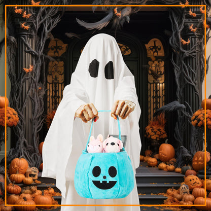Sunnymove 8 Pcs Halloween Teal Trick or Treat Pumpkin Reusable Bucket 9.8"x7.8" Gold Velvet Candy Bags Portable Halloween Pumpkin Fabric Gift Candy Bucket for Costumes Decoration Party Supplies