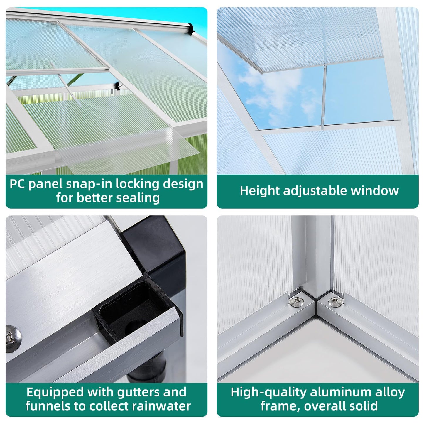 GAOMON Walk in Polycarbonate Greenhouse for Outdoors, 6 x 8 ft Backyard Greenhouse with Reinforced Aluminum Frame, Roof Vent, Lockable Door, Rain Gutter, Easy Assembly, Wood