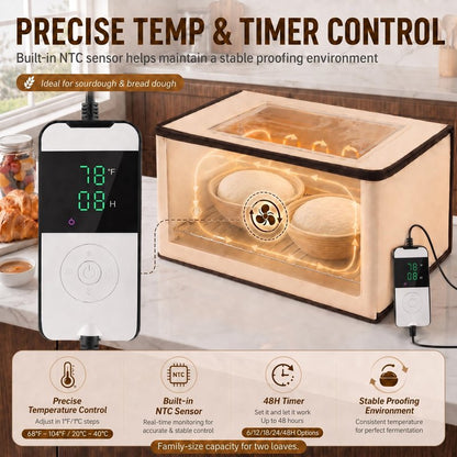 BLUBYEES Folding Bread Proofing Box, 3-Sided Heating with Precise 68-104°F Temp Control, 48H Timer, Family-Size Dough Proofer for 2 Loaves, Sourdough & Pizza Dough
