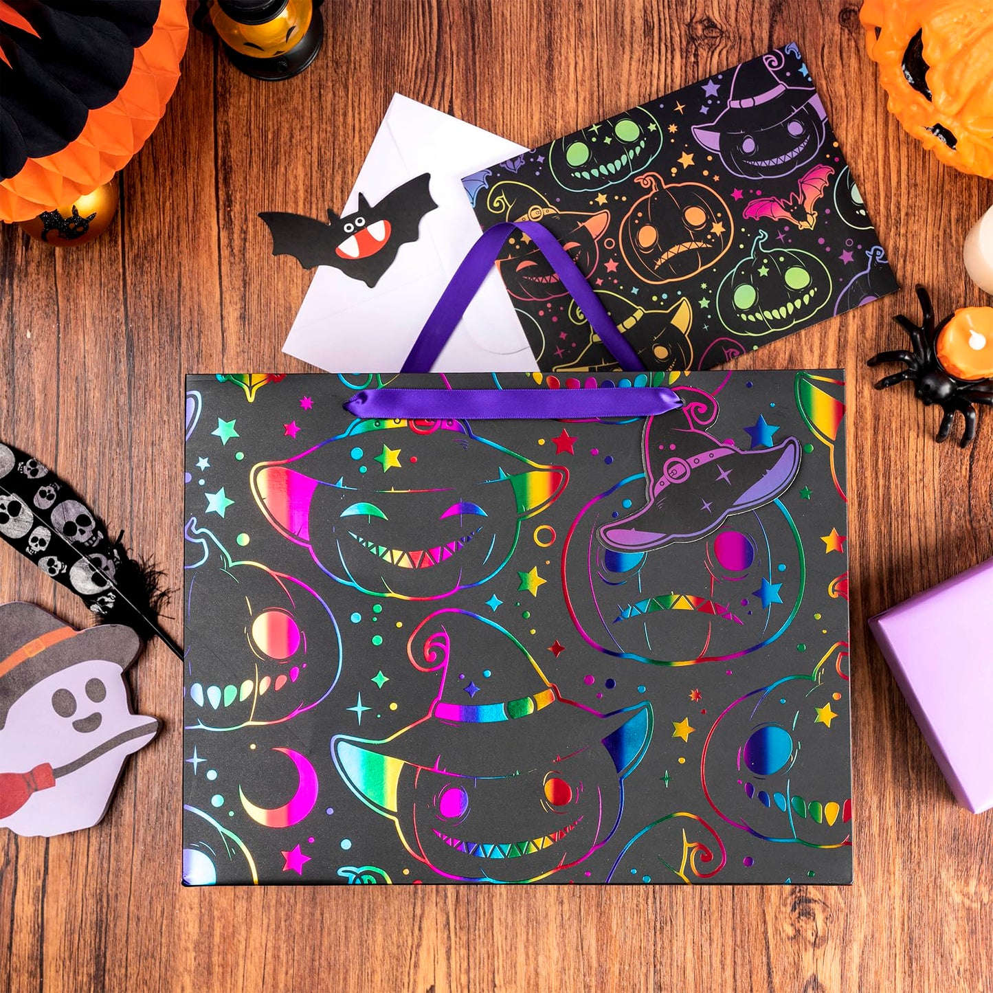 LeZakaa Pink Halloween Wrapping Paper Roll 13" Gift Bag with Tissue Paper, Gift Tag, and Card, Evil Pumpkin Fluorescent Black Design