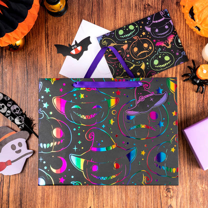 LeZakaa Halloween Wrapping Paper Roll & 13" Gift Bag with Tissue Paper, Gift Tag, and Card, Evil Pumpkin Fluorescent Black