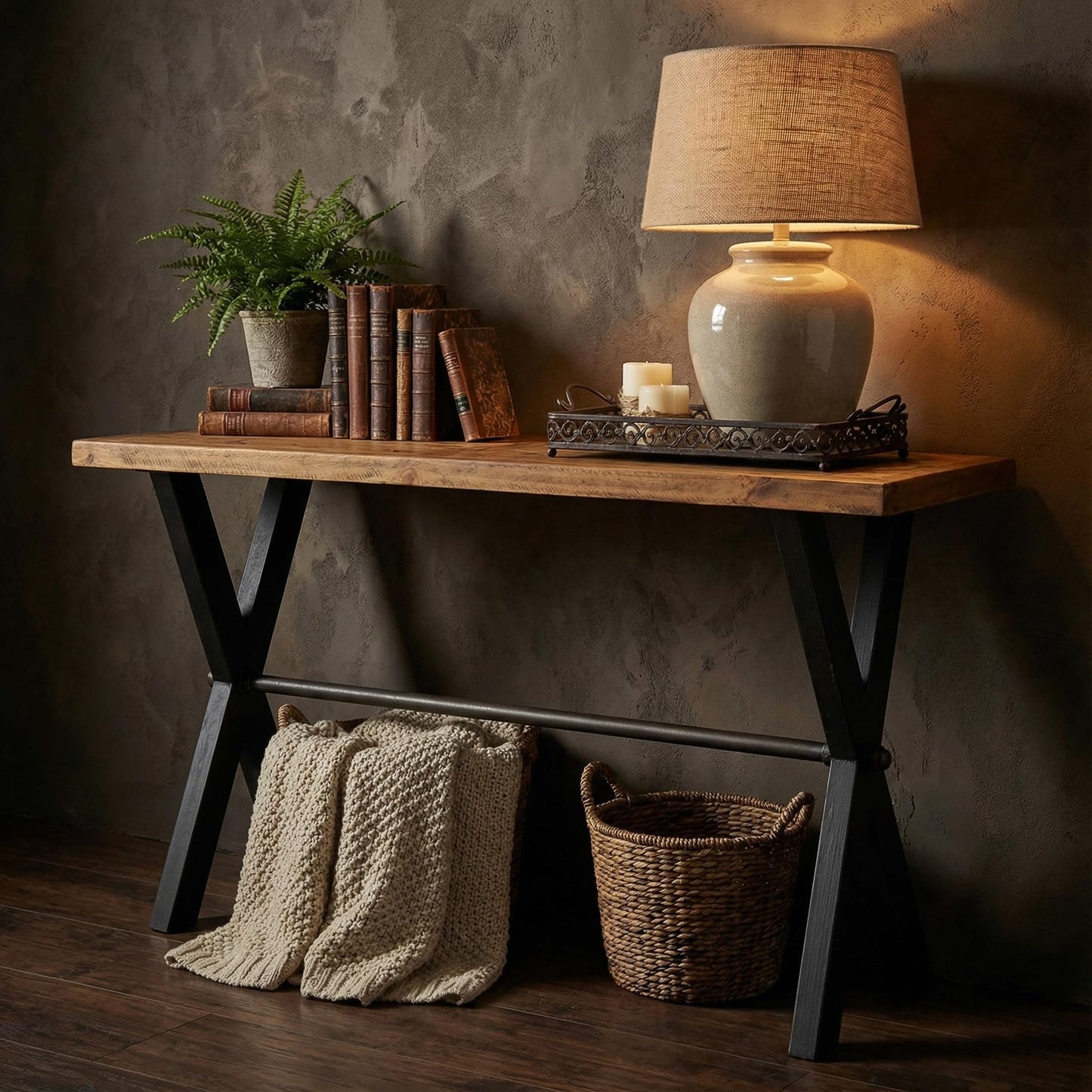 Cortesi Home Austin Console Table, Solid Reclaimed Wood with Black Wood Legs, Honey Pine