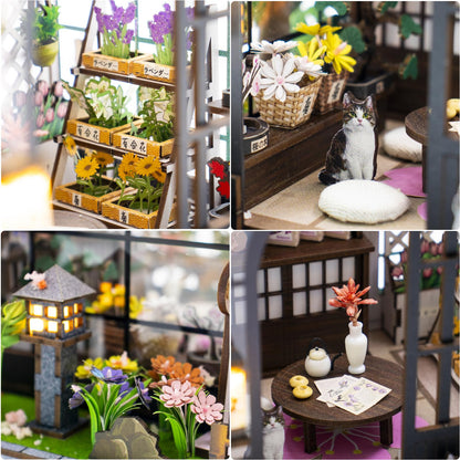 Plustopoy DIY Miniature House Kit, 3D Wooden Dollhouse with LED Lights, Creative Book Nook Kit for Home Decor, Japanese Sakura Greenhouse Miniature Room Kit Craft Building Model Gift for Women