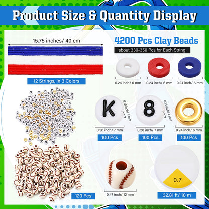Ferreve 4200 Pcs Baseball 12 Strands Clay Beads Bracelet Making Kit, 100 Letter and Number Beads, 120 Baseball Acrylic with Gold Spacer, Charm Bracelet Kit for Sport Party