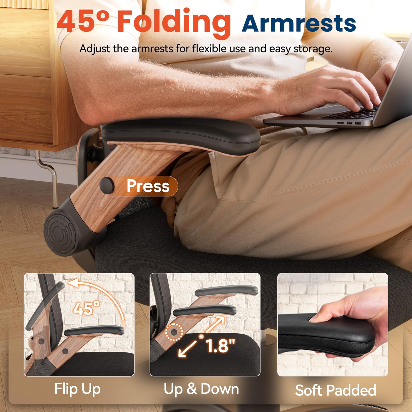 GABRYLLY Ergonomic Office Chair, High Back Home Desk Chair with Flip-Up Arms, 3D Headrest, Thick Sponge Seat &90-120° Recline, Big and Tall Mesh Executive Chairs for Man Woman, Black Woodgrain