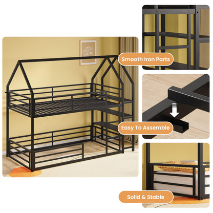 LIKIMIO Bunk Bed Twin Over Twin, Twin Bunk Beds Frame with 3-Tier Storage Bookshelf, Metal Twin House Bed Ladder and Safety Guardrail, Space Saving for Apartment or Dorm, No Box Spring Needed, Black