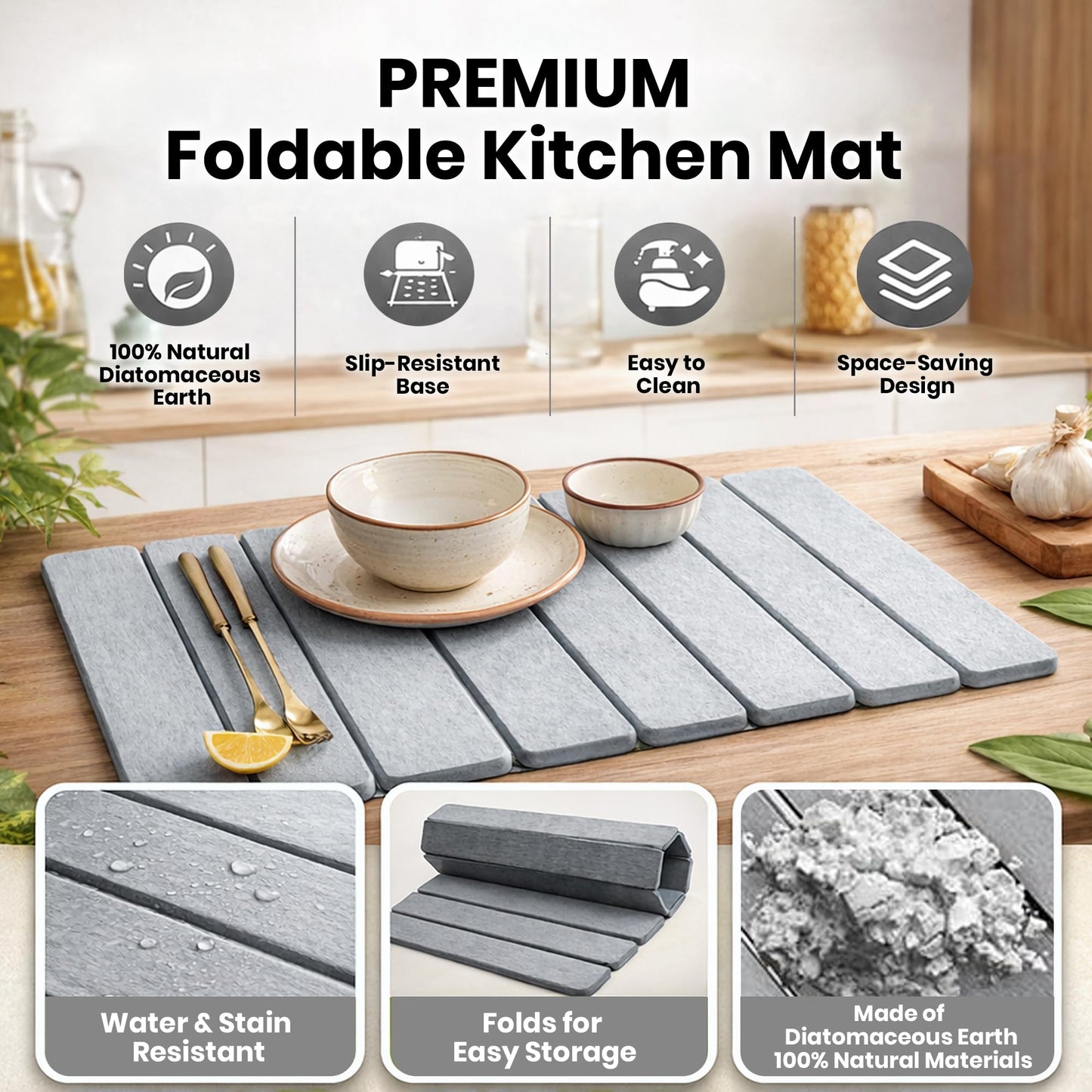 AUDRILO Kitchen Dish Drying Mat - Super Absorbent Microfiber Countertop Drainer Pad, Quick Dry Sink Mat for Dishes, Glassware & Utensils, Non-Slip Kitchen Counter Protector (Light Grey)