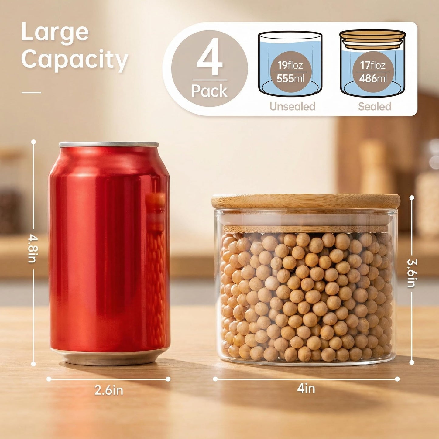 HomArtist 17oz - 4 Pack Glass Jars with Bamboo Lids, Glass Food Storage Containers with Airtight Lids, Air Tight Pantry Storage Containers for Coffee, Sugar, Spice, Meal Prep Jars for Salad & Fruit