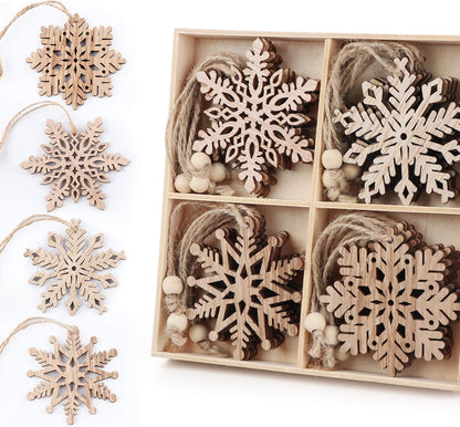 ilauke 20 pcs Unfinished Christmas Wood Snowflake Ornaments - 4 Styles Bulk with Twine for Tree Decorations