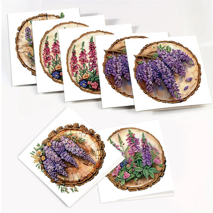 SHEGZHUC 6 Pack Diamond Painting Gift Card Lilacs Tree Stump, Diamond Art Kits for Adults Flowers Purple, Birthday Wedding Anniversary Greeting Get Well Congratulations Thank You Cards with Envelopes