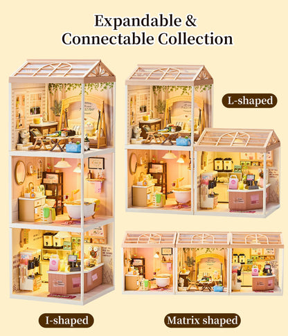 Tkmango Bakery Shop DIY Miniature House Kit with Roof & LED Light, Stackable & Connectable Dollhouse Kit with Dustproof Door, Creative DIY Crafts Building Toy Gift for Adults Teens