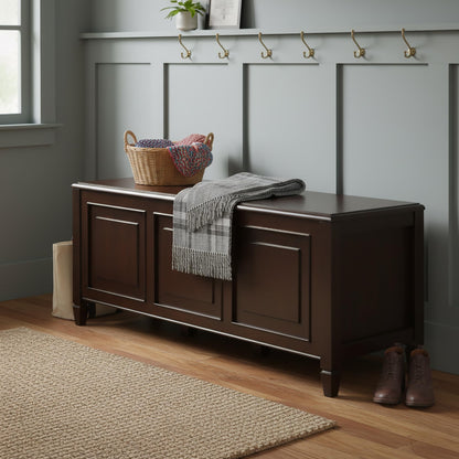 SIMPLIHOME Connaught Entryway Storage Bench - 51 inch Wide Solid Wood Storage Trunk Seat in Dark Kona Brown, Traditional Bench for Entryway or Living Room with Lift-Up Lid and Decorative Moulding