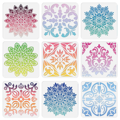 INFUNLY 9PCS/Set Mandala Flowers Wall Stencils for Painting 12x12 Mexican Tile Stencil Art Flower Concrete Floor Stencils Reusable Drawing Template for Painting Wood Canvas Furniture Patio Home Decor