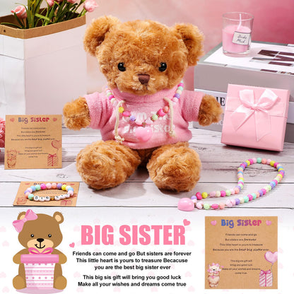 Taiyin 5 Pcs Big Sister Gift Set Big Sister Bear with Colorful Bracelet Necklace Jewelry Pink Stuffed Animal Bear Doll Toy Gift for Who Promoted with Beautiful Greeting Card and Box