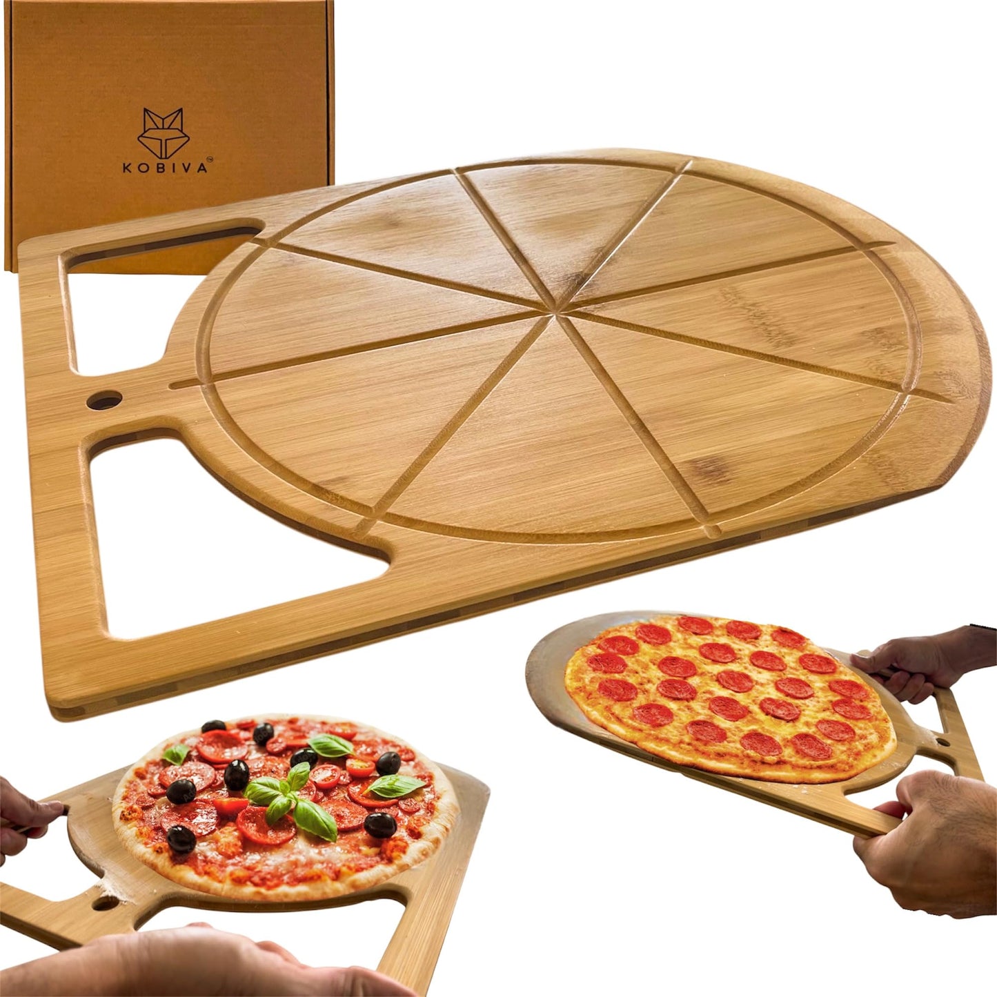17"x13.5" Bamboo Pizza Peel & Cutting Board 2-in-1 | Dual-Grip Wooden Pizza Paddle with Pizza Spatula | Large Pizza Board Baking Accessories | Pizza Turning Peel for Oven, 2-in-1 Pizza Set