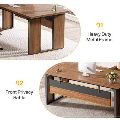 Tribesigns 63‘’ L-Shaped Executive Desk, Office Table with 39.37-Inch Drawers Cabinet, Large Computer Desk with Storage Shelves, Business Furniture Set for Home Office, Brown & Black