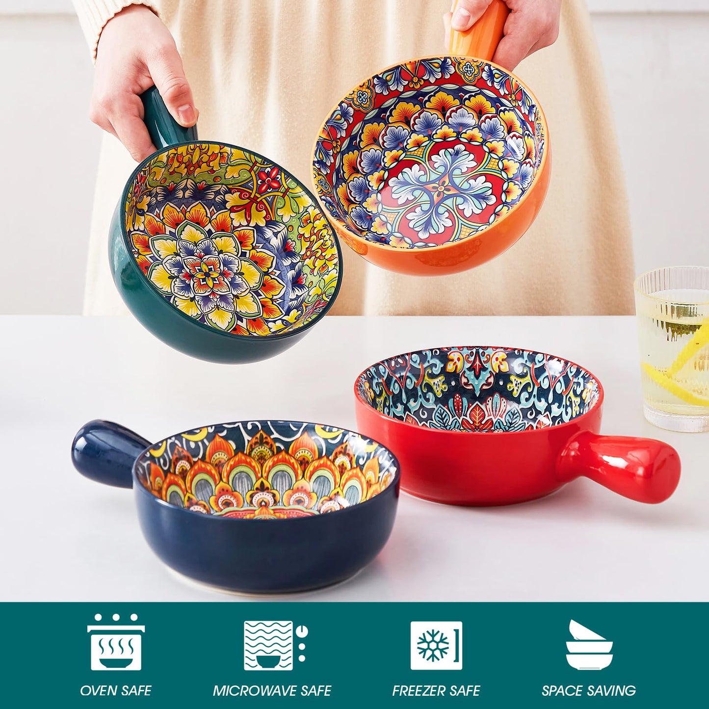 vancasso Soup Bowls with Handles, 23 Oz French Onion Soup Bowls Oven Safe, Bohemian Ceramic Soup Crocks for Cereal, Pasta, Beef Stew, Chilli, Microwave Dishwasher Safe-6.2 inch, Set of 4