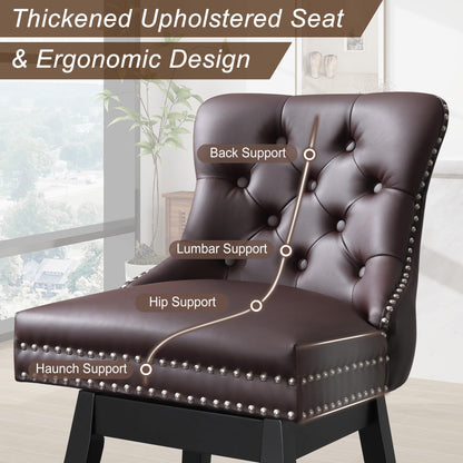 Fahomiss Brown Leather Swivel Bar Stools Set of 4 with Back, 26 Inch Counter Height Chairs, Solid Wood Legs, Tufted Seat, Comfortable and Stylish for Kitchen, Island, Home Bar（Brown, 4 Pack, 26" H）