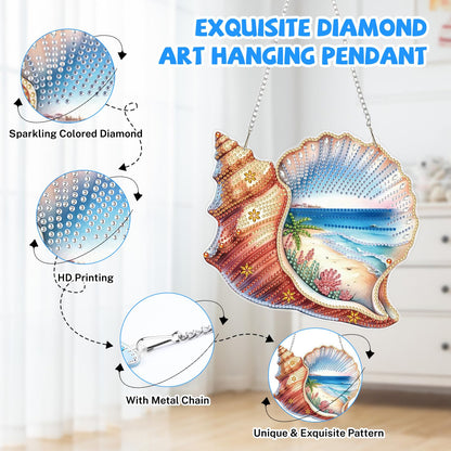 Bowetile Summer Diamond Art Hanging Kits for Adults, Diamond Art Suncatchers Conch Shell, 5D Special Shape Diamond Painting Beach Pendant Window Ornament Gifts for Home Wall Door Garden Decor