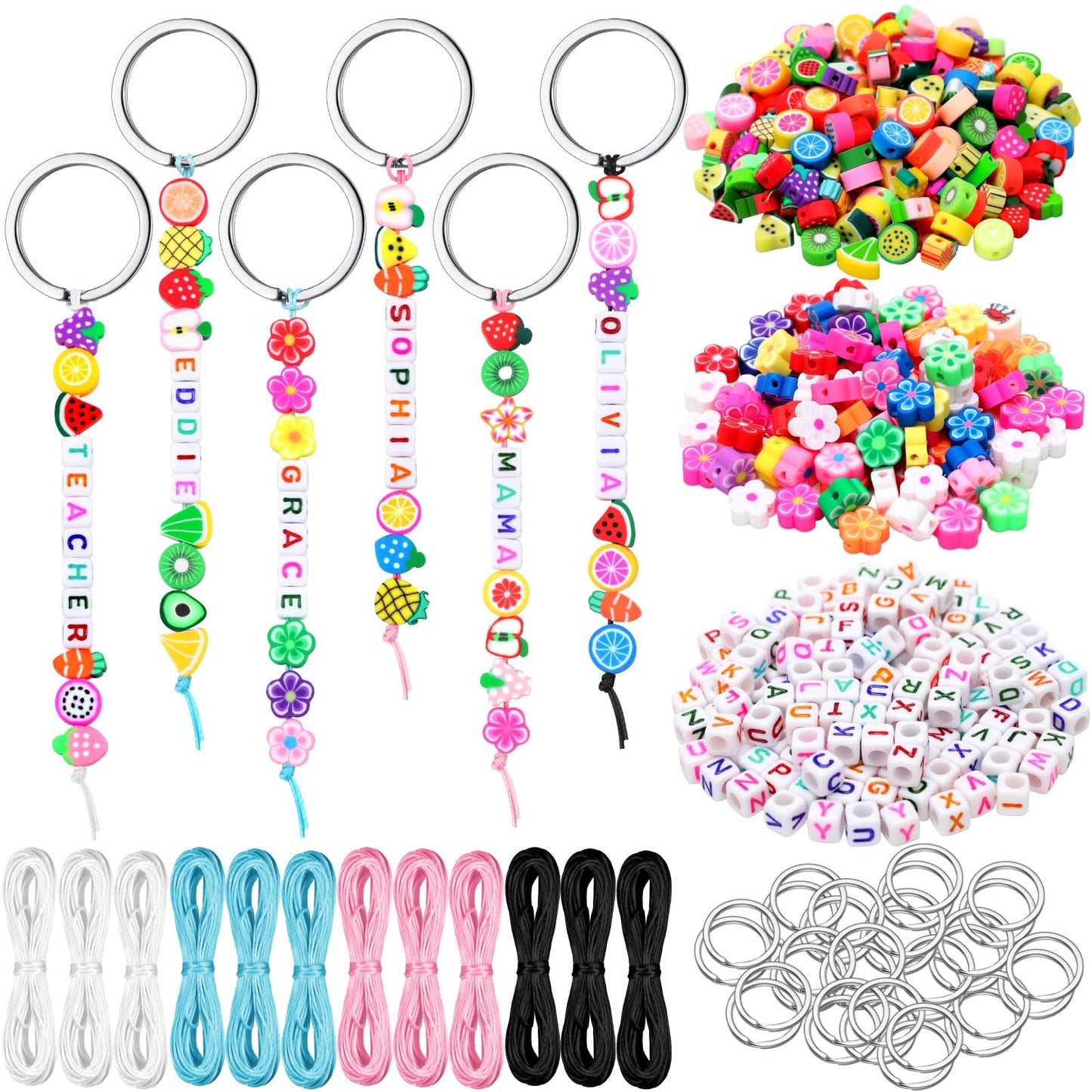 Landical 564 Pcs DIY Fruit Bead Keychain Kit Summer Key Chain Making Craft Adjustable Letter Beads String Mama Tropical Gift Alphabet Jewelry Backpack Accessories Holiday Party Favor(Lucky Color)