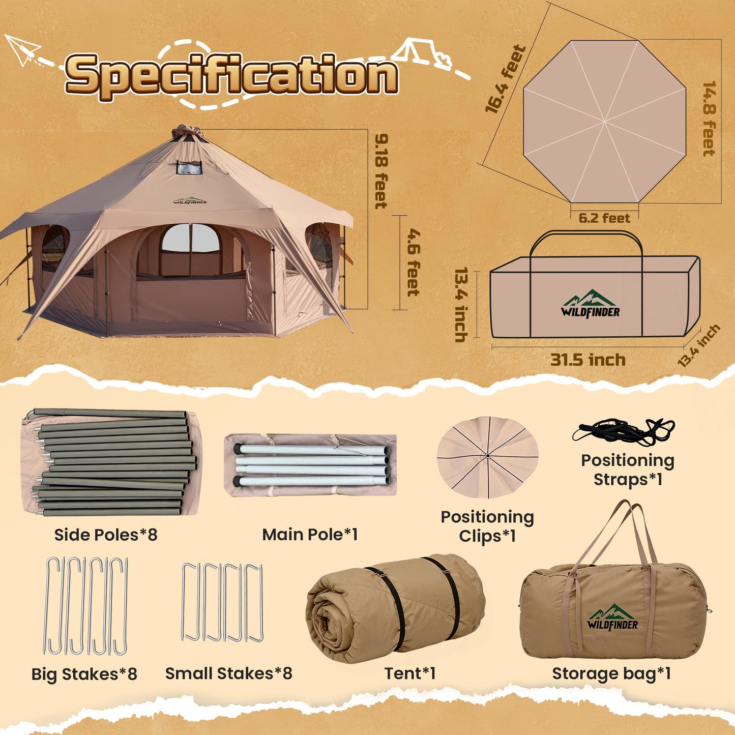 WildFinder 16.5ft Canvas Bell Tent, Large Yurt Tent with Stove Jack for Camping & Glamping, 55" High Walls, Maximum Space, Waterproof 4 Season Hot Tent with 8 Mesh Windows & Removable Floor