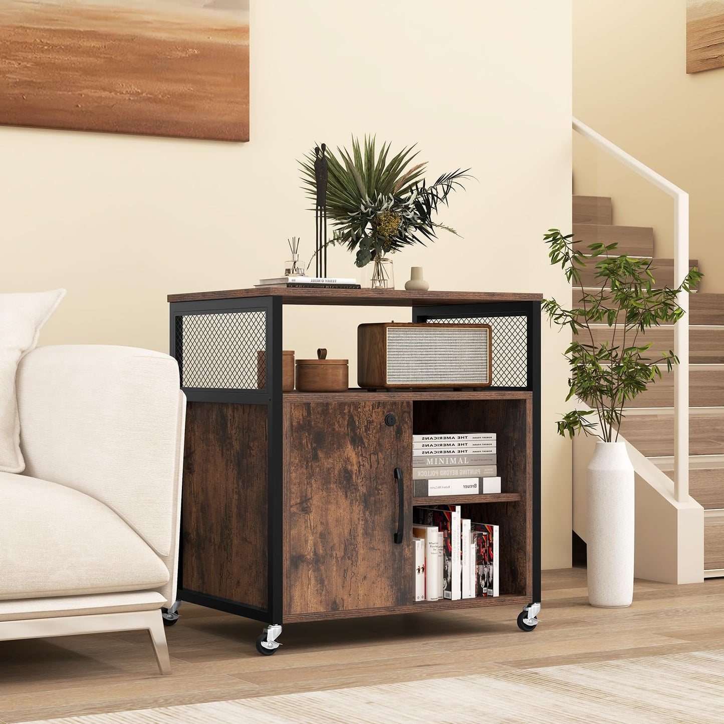 Giantex File Cabinet, Lateral Filing Cabinet with Lock, Wheels, Charging Station, Cable Hole, Lockable Side Cabinet, Adjustable Shelves, Metal Frame, Printer Stand for Home Office Small Space (Brown)