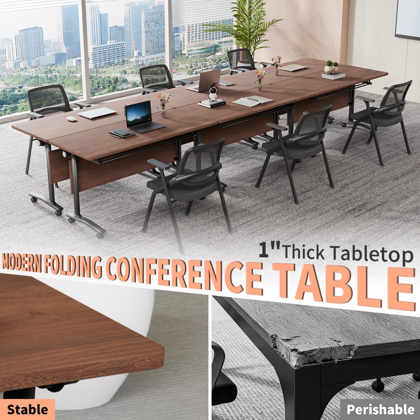 JNMDLAKO Modular Folding Conference Table with Locking Wheels, 10 Pack Flip Top Mobile Training Table, Modern Meeting Seminar Tables for Office, Hotel Conference Room(10,Walnut,47" L x 23" W x 29" H)