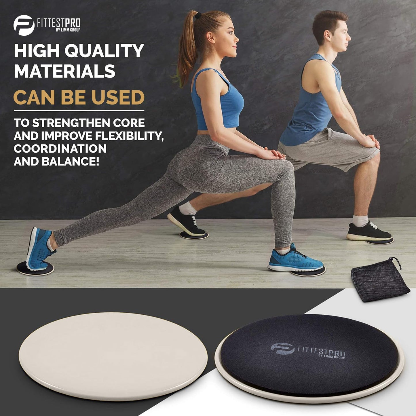 Limm Core Sliders Fitness - Exercise Sliders for Working Out, Stability, Ab, Legs & Full Body (Set of 2) - Bonus Carry Bag & Workout Ebook - Black Gym Gliding Disc Pads for Hardwood, Carpet & More