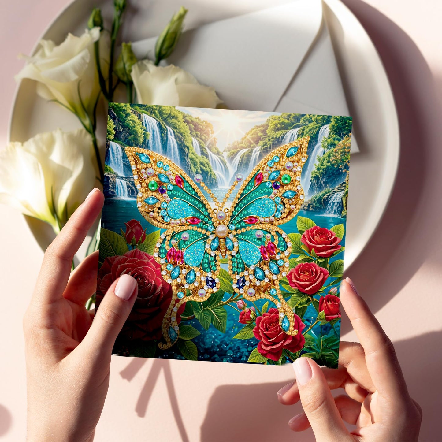 pigpigboss 6 Packs Butterfly Diamond Painting Greeting Cards, Flower Butterfly Diamond Art Birthday Card Kit, Sunrise Landscape Diamond Dots Greeting Cards Arts Crafts for Adult Holiday Blessing