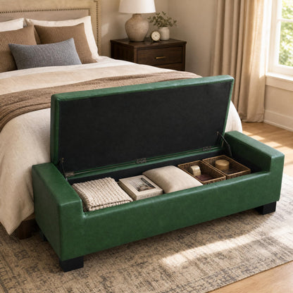 Christopher Knight Home Vance Tufted Storage Ottoman Bench, PU Upholstered Ottoman with Storage, Modern Bedroom End of Bed Bench with Storage, Comfy Living Room Sofa Extra Seat, Green+Black