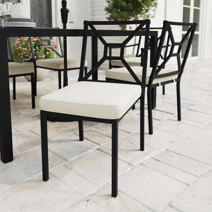 Martha Stewart Lily Pond All-Weather Stackable Patio Chairs with Elevated Backrest Design and Steel Frames in Black with Cream Cushions, Set of 2