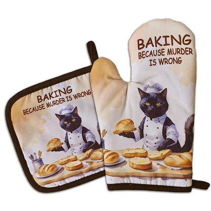 GOSJINNK Funny Baking Cat Oven Mitts and Pot Holders（Set of 2）Baking Because Murder is Wrong Baker Mitts for Kitchen Decor Silicone Non-Slip Oven Mitts Cat Lover Gift Birthday Gift for Friend Chef
