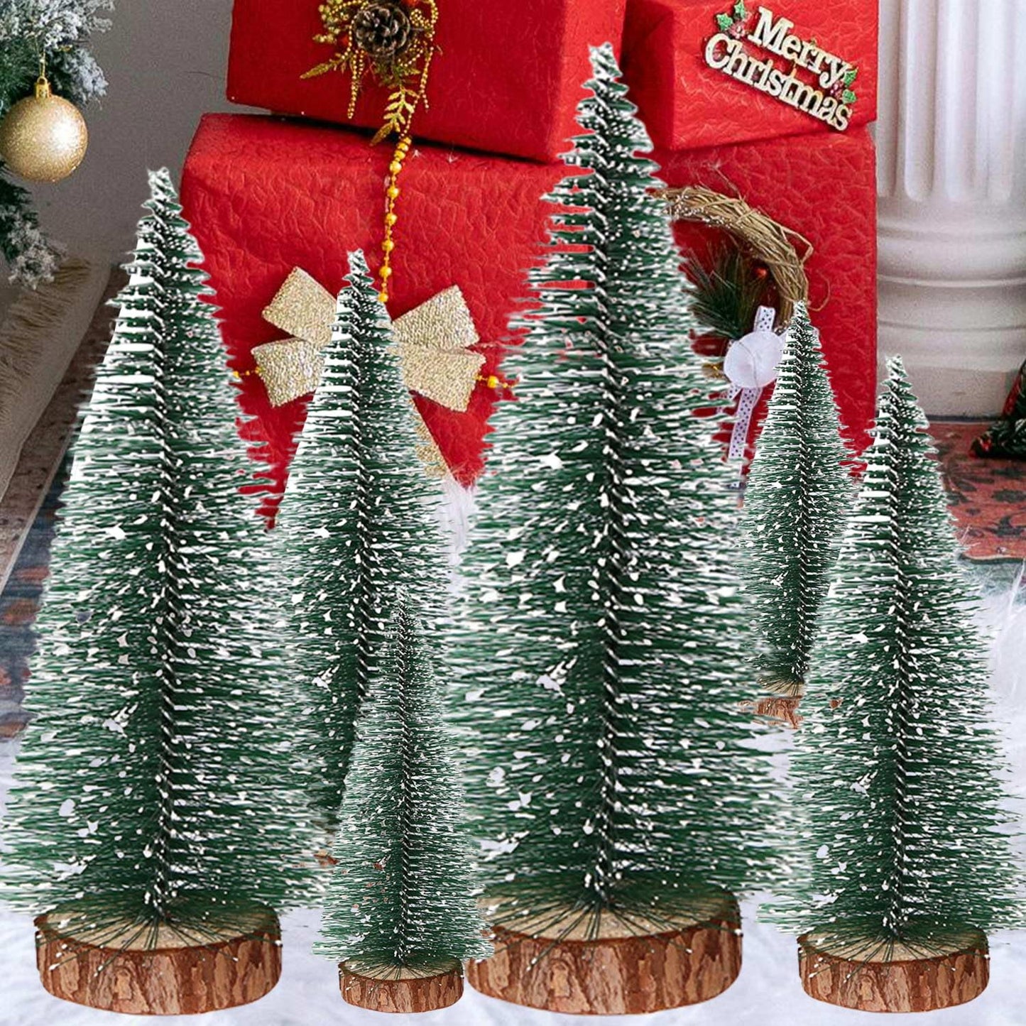 UPINLOOK 6PCS Mini Christmas Trees, Artificial Small Bottle Brush Trees Miniature Pine Trees with Snow and Wood Base for Xmas Holiday Party Tabletop Decors