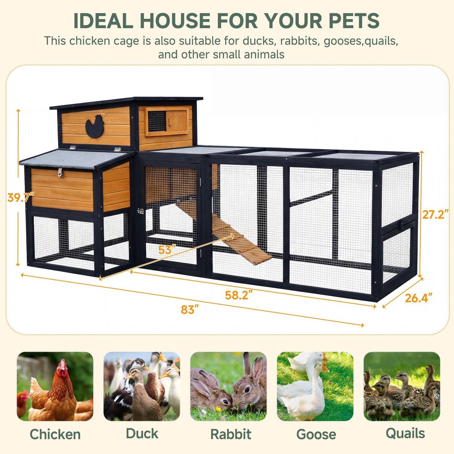 RUNSHED 83" Large Wooden Chicken Coop with Run, Outdoor Chicken House for 4-6 Chickens, Ventilation Window & Sliding Doors, Waterproof Felt Roof, Easy-Clean Full Rear Door, Predator-Proof Latches