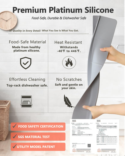 Akrelyan Kitchen Sink Splash Guard 18" 23" Self-Draining Silicone Water Guard with High Splash Wall & Strong Suction Cups for Faucet, Countertop & Sink Edge, Keeps Sinks Dry, Dishwasher Safe, Gray