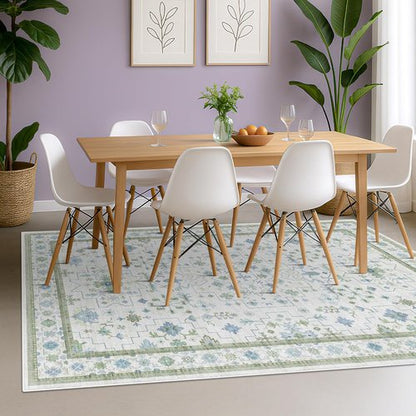 Hazo Haus Cream Oushak 6x9 Area Rug - Boho Floral Design in Cool Blue & Green, Washable Non-Slip Low Pile