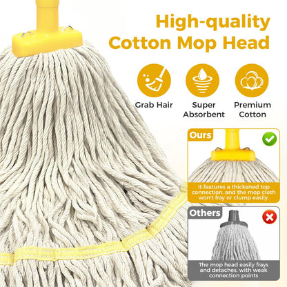 Indoor Mop with Strings for Floor Cleaning, Cotton Mops with 59” Long Handle Household String Mop for Hardwood Wood Tile Floors Cleaning,1 Mop Handle & 1 Cotton Mop Head