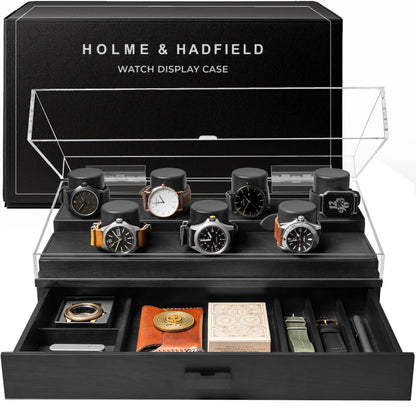 7 Slot Watch Box & Cleaning Kit Bundle – Large Wooden Watch Organizer Case + Full Watch Care Set (Crystal & Leather Care Restorer, Metal Cleaning Solution, Brushes, & Microfiber Cloth) | Gift for Men