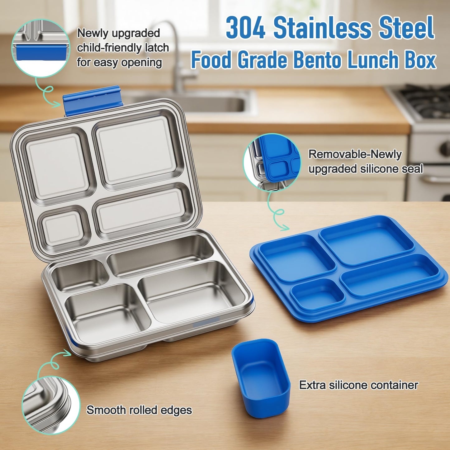 BABHAMNESS Stainless Steel Kids Bento Lunch Box, 4-Compartments with Silicone Container, Dishwasher-Safe, Child-Friendly Design for School and Travel,BPA-Free(Blue)
