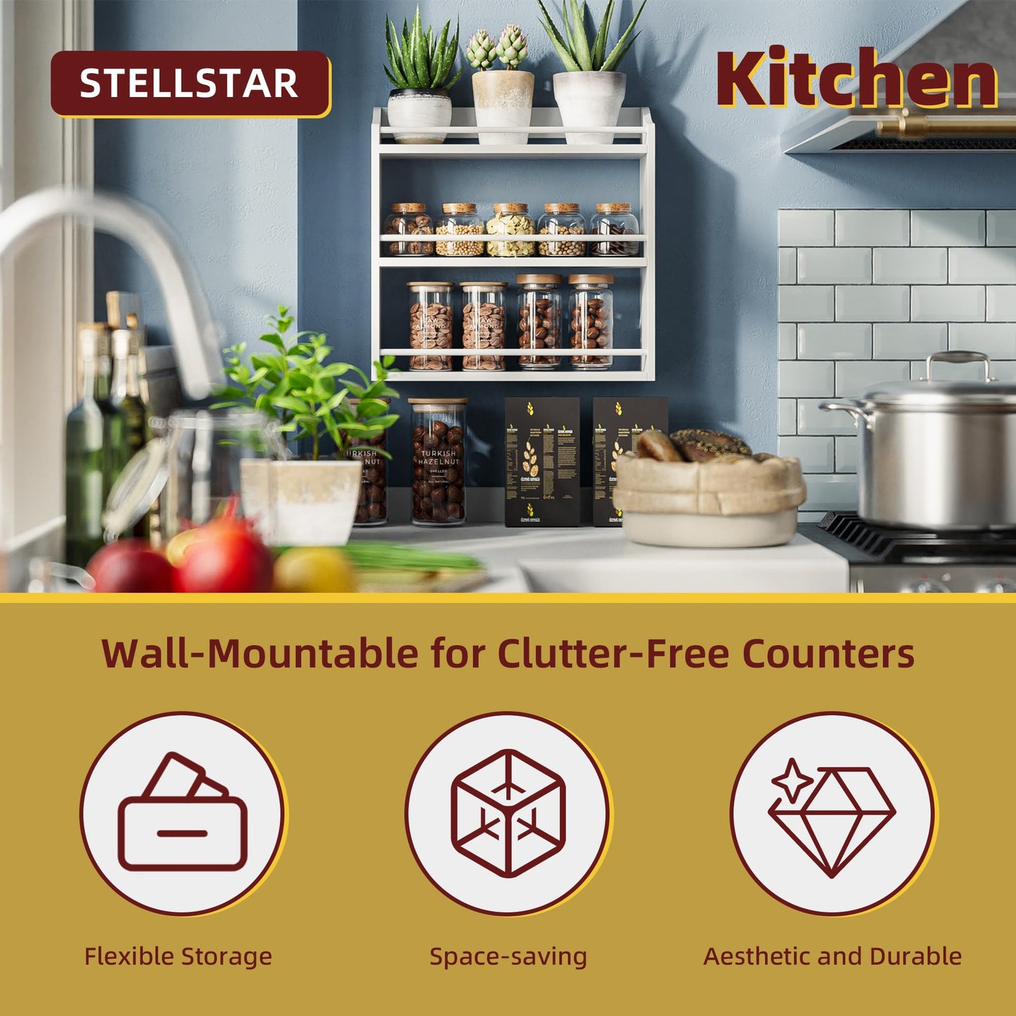 STELLSTAR Spice Rack Wall Mounted, Freestanding Spice Organizer for Countertop, Bamboo Spice Storage Holder, for Kitchen Cupboard, Pantry, Bathroom (White)