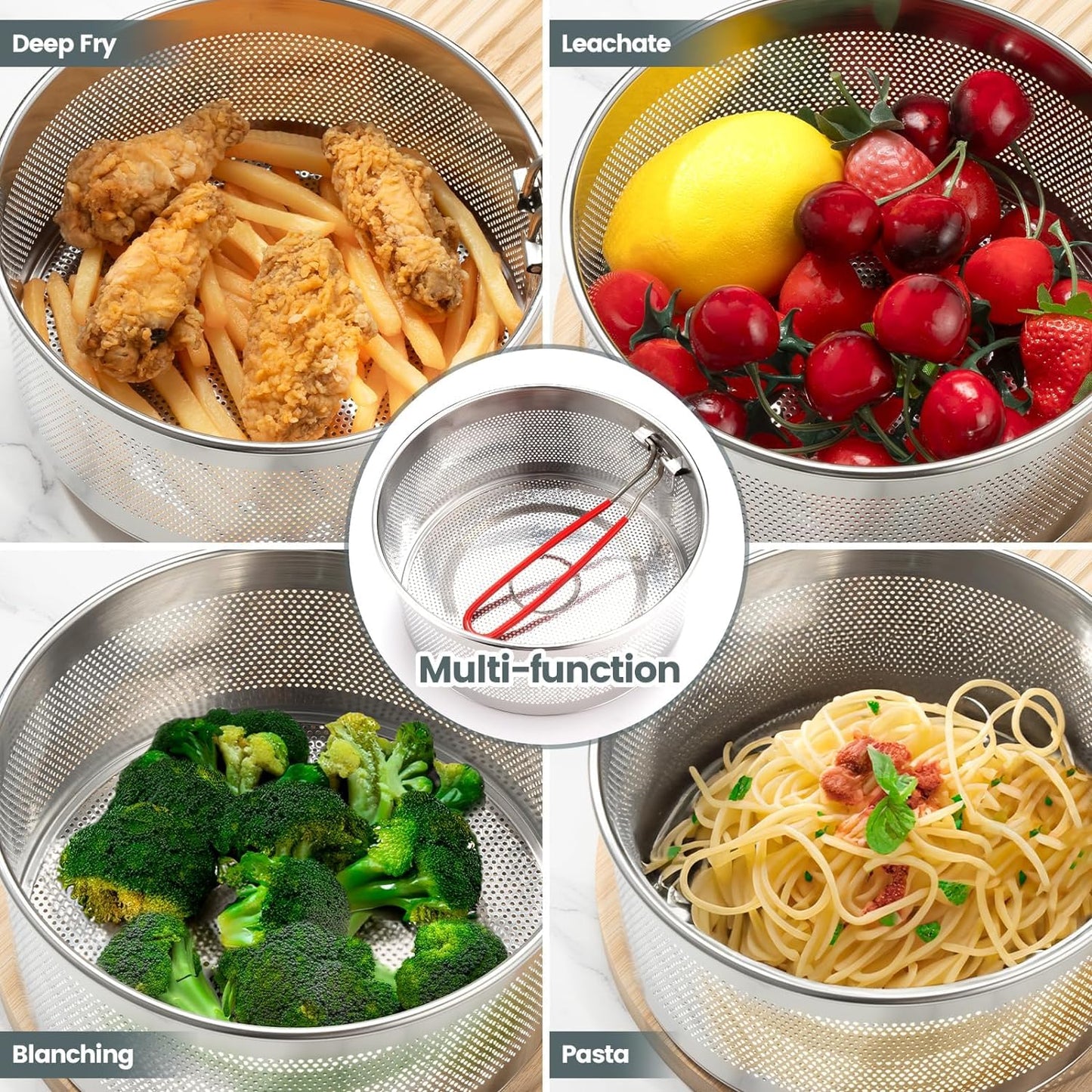 Tenta Kitchen Pasta Strainer Boiling Blanching Colander Vegetable Steamer Basket Stainless Steel Fryer Basket with Removable handle Insert for Veggie Fish Seafood Cooking and heat food 8 inch