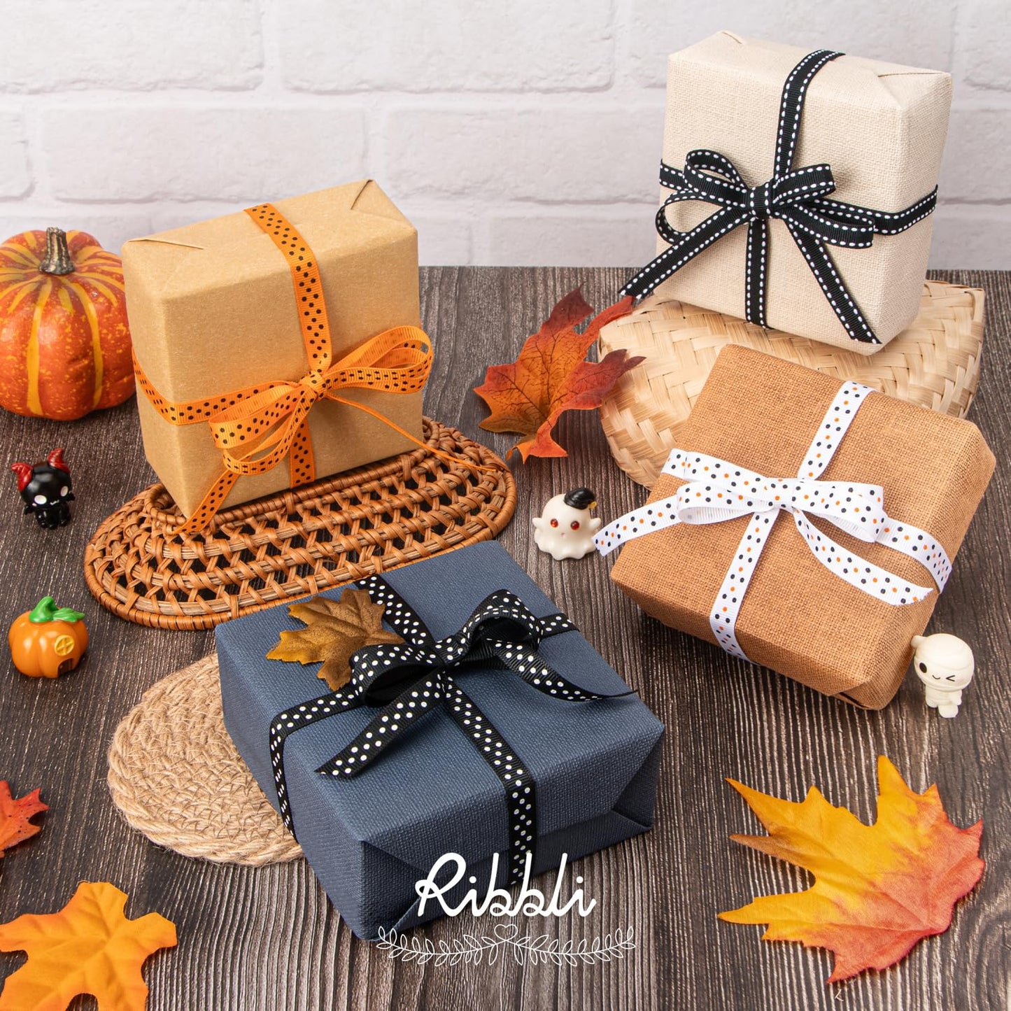 Ribbli 4 Rolls Halloween Ribbon,Halloween Polka Dots and Stitch Grosgrain Ribbon for Crafts, Gift Wrapping, 3/8 Inches Total 35 Yard, Black/White/Orange