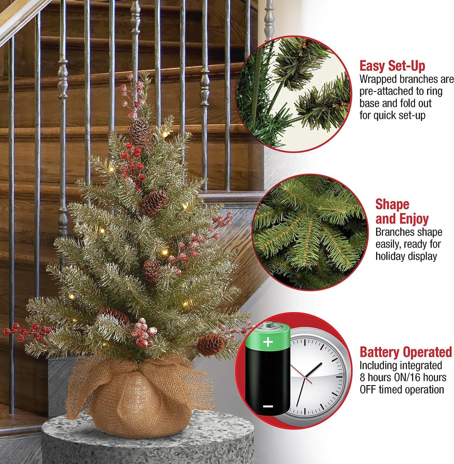 National Tree Company Pre-Lit Artificial Mini Christmas Tree, Green Dunhill Fir, White Lights, 2 Feet