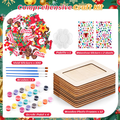 Fovths 12 Packs Christmas Picture Frame Painting Craft Kit Frozen Wooden DIY Photo Frame for 4 x 6 inch Photo with 100 Stickers Rhinestone Stickers 4 Brushes Set for DIY Paint and Decorate