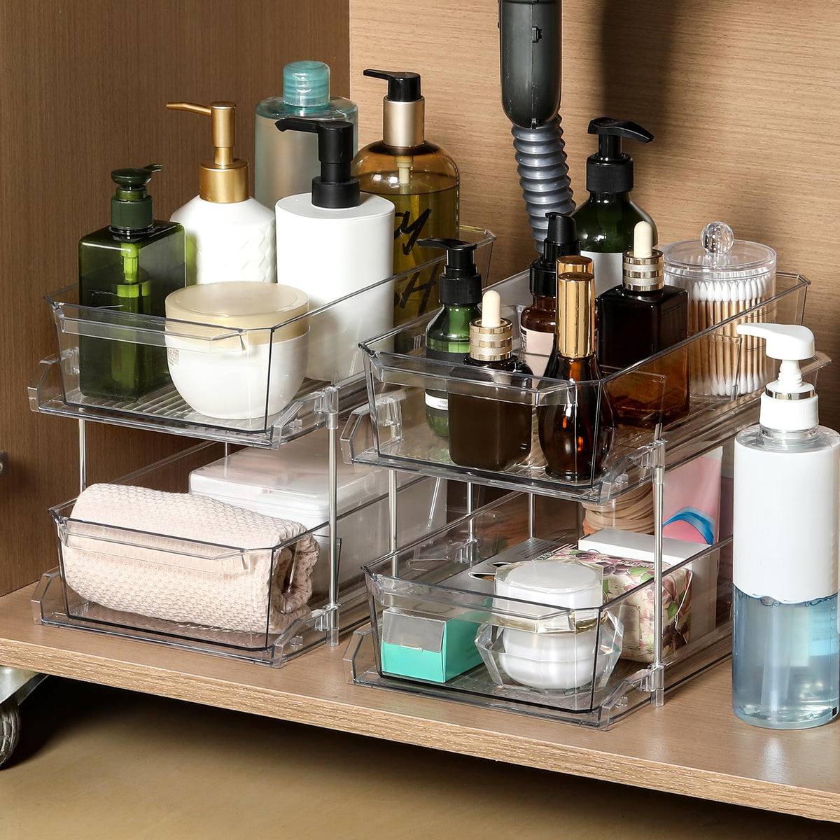 2 Set, 2 Tier Clear Organizer with Dividers for Cabinet, Shlef, Counter - MultiUse Slide-Out Storage Container - Kitchen, Pantry, Medicine Cupboard Bins, Bathroom, Vanity Makeup, Under Sink Organizing