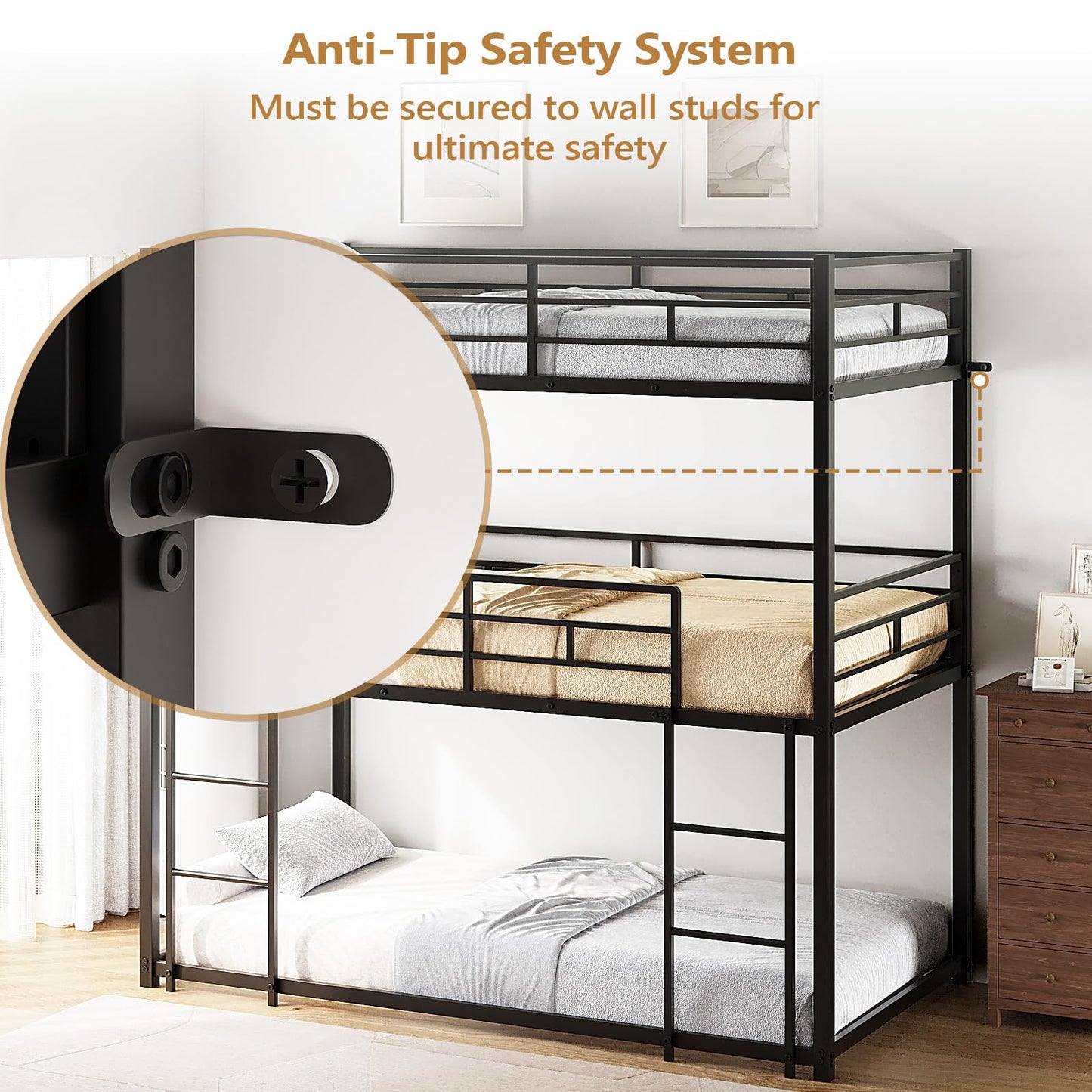 JOYMOR Triple Bunk Bed Twin Over Twin Over Twin, Metal 3 Bunk Bed for Kids, Teens and Adults, Heavy Duty Triple Bed Frame with Safety Guardrail, No Box Spring Needed