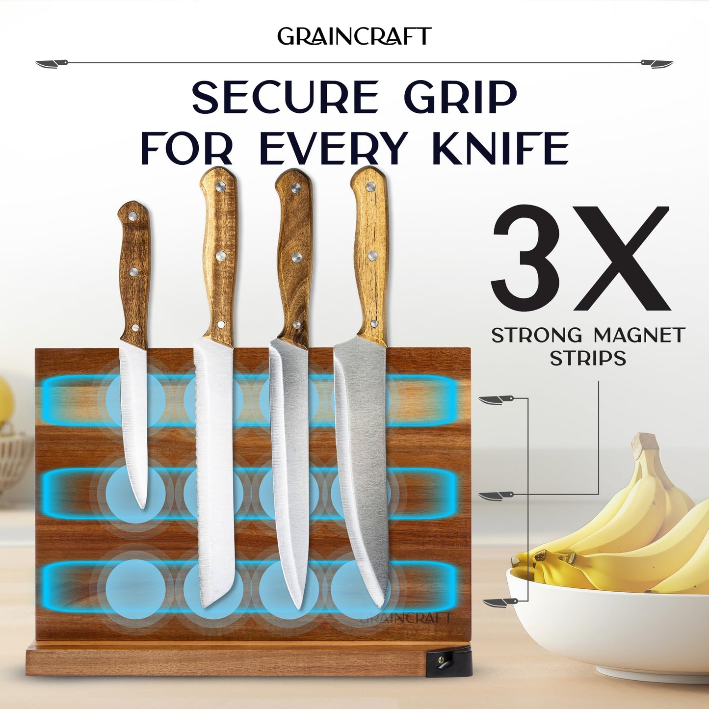 Graincraft Magnetic Knife Block with Sharpener, Countertop Magnetic Knife Holder, 3X Double Sided Magnet Knife Stand, Non-Slip Base, Kitchen Knife Storage Organizer (Acacia)