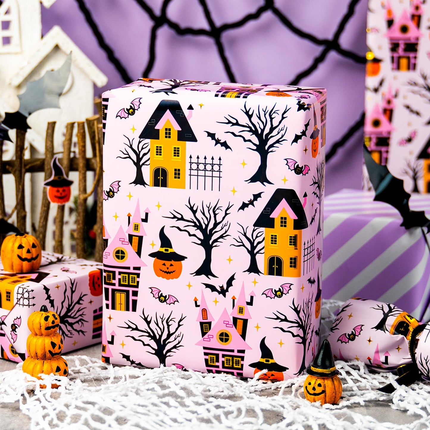 MAYPLUSS Halloween Wrapping Paper Roll, Vintage Haunted Mansion Wrapping Paper, Pink Haunted House, Pumpkin & Bat Design Halloween Day Gift Wrap for October,Holiday,Christmas Nightmare (17In X 33Ft)
