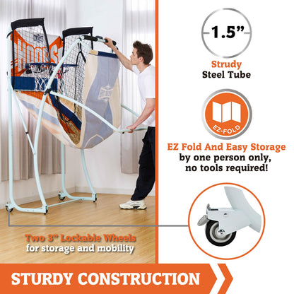 Hall of Games EZ Fold Premium Indoor Arcade Basketball Game, Steel Frame and Dual Shot Electronic Scoring with 4 Size 3 Basketballs Included, Perfect for Basement Game Rooms