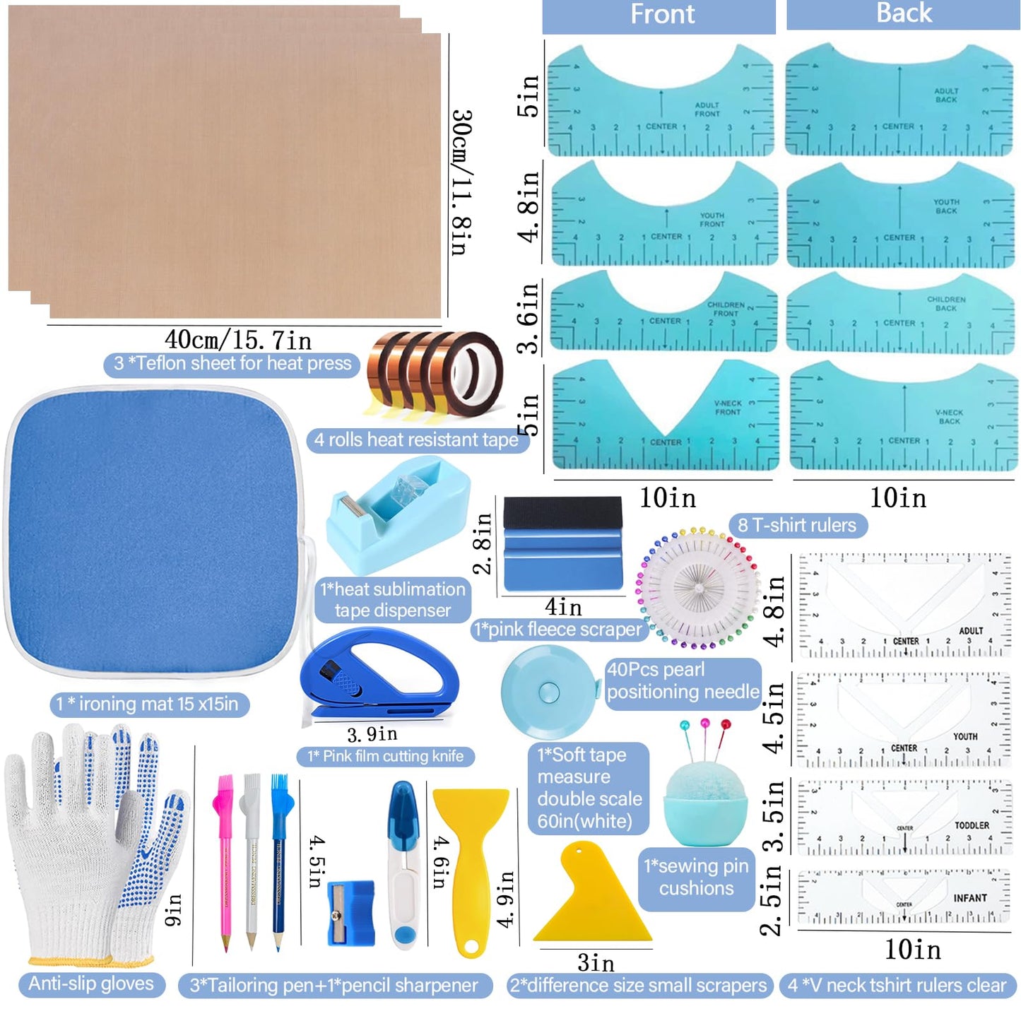 QUKLOGEN Sublimation Shirts Tool Kits Shirt Measure Ruler Set Include 12 T Shirt Guide Ruler,Portable Pad for Ironing,Teflon Sheet for Heat Press,Heat Resistant Tape Craft Sewing Accessories